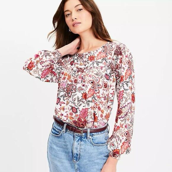 LOFT Garden Smocked Mixed Media Floral Blouse Top Medium NWT - Picture 1 of 8